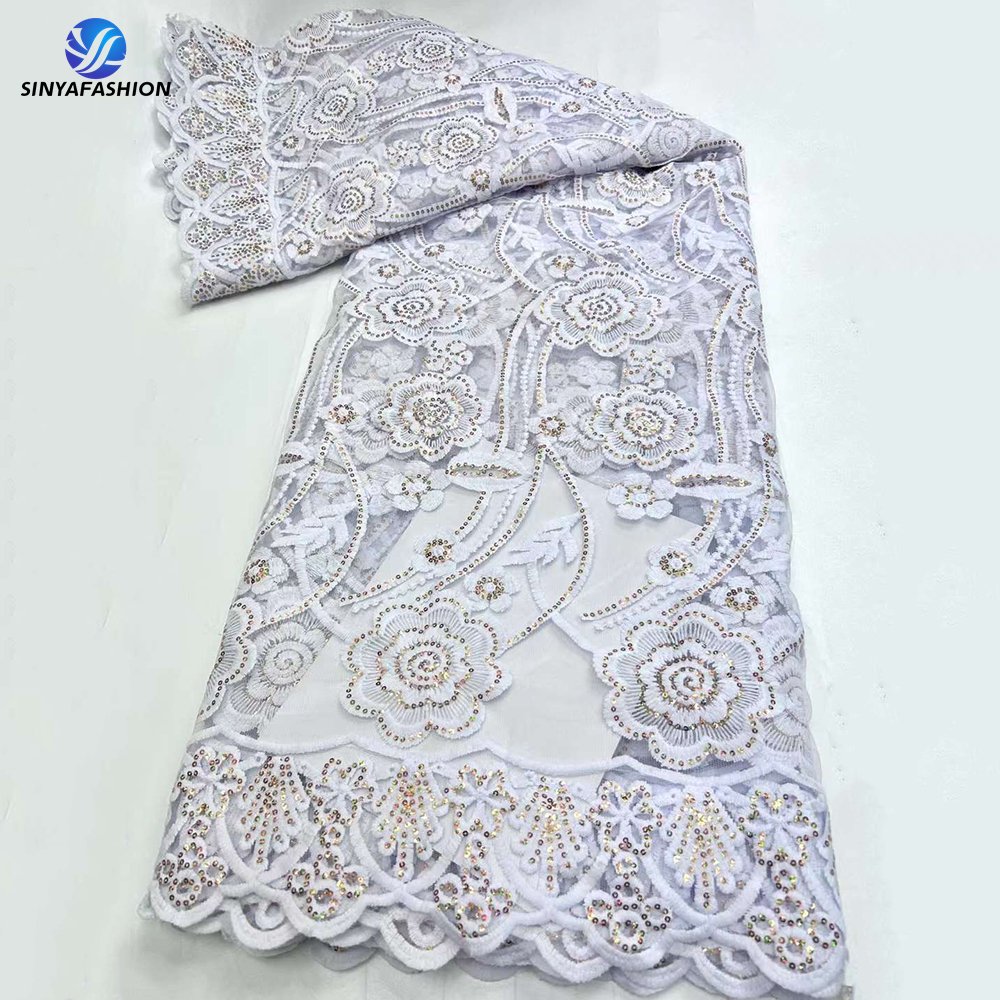 Sinya Wholesale African Gold Sequins Mesh Lace High Quality White Embroidered Milk French Tulle Lace Wedding Dress Fabrics