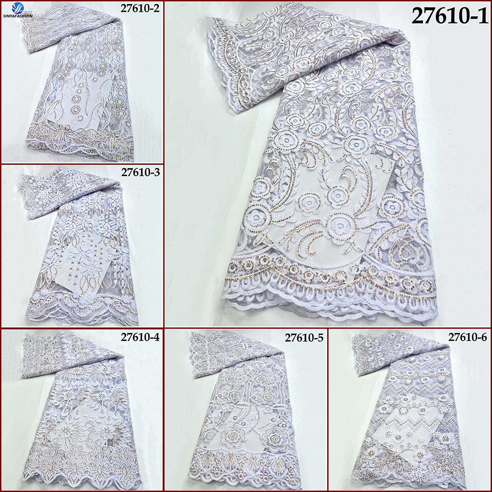 Sinya Wholesale African Gold Sequins Mesh Lace High Quality White Embroidered Milk French Tulle Lace Wedding Dress Fabrics