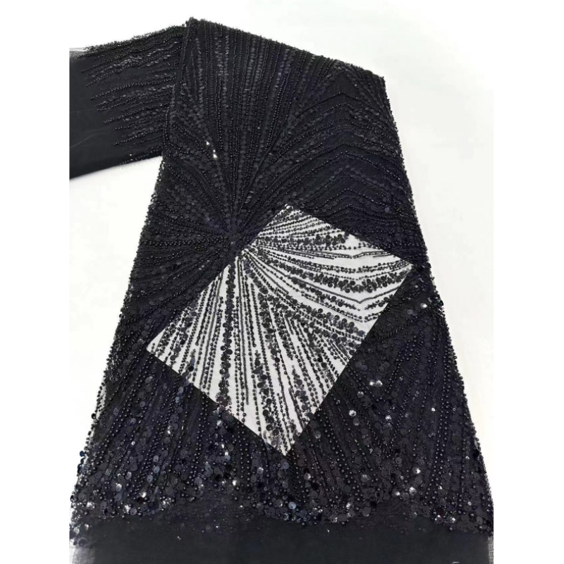 YZ Luxury Embroidered Black Sequins Lace Fabric Glitter Net Fabric Embroidery African Beaded Lace Fabrics for Dress