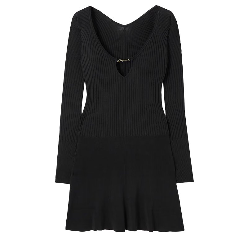 Knitwear manufacturer custom spring autumn black v neck long sleeved ribbed knit women's sweater dress