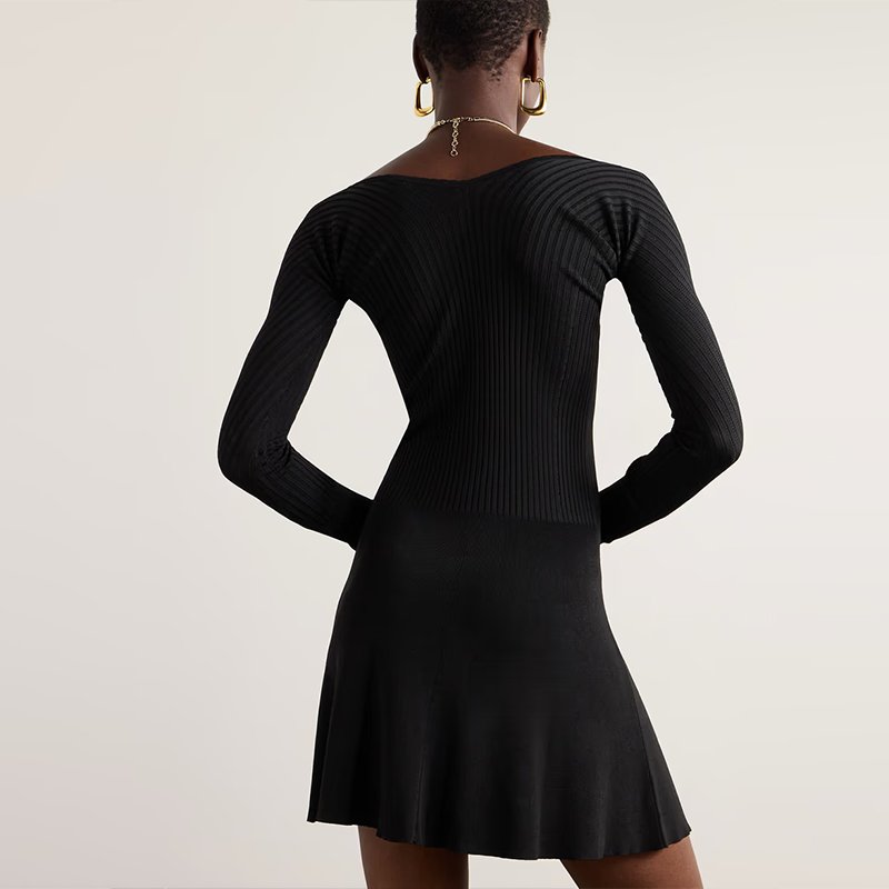 Knitwear manufacturer custom spring autumn black v neck long sleeved ribbed knit women's sweater dress