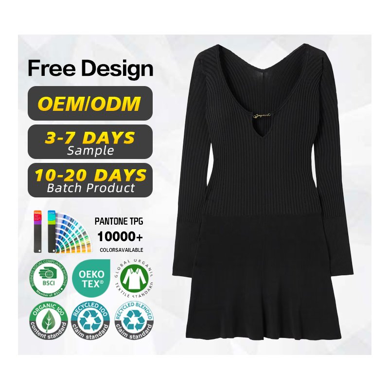 Knitwear manufacturer custom spring autumn black v neck long sleeved ribbed knit women's sweater dress