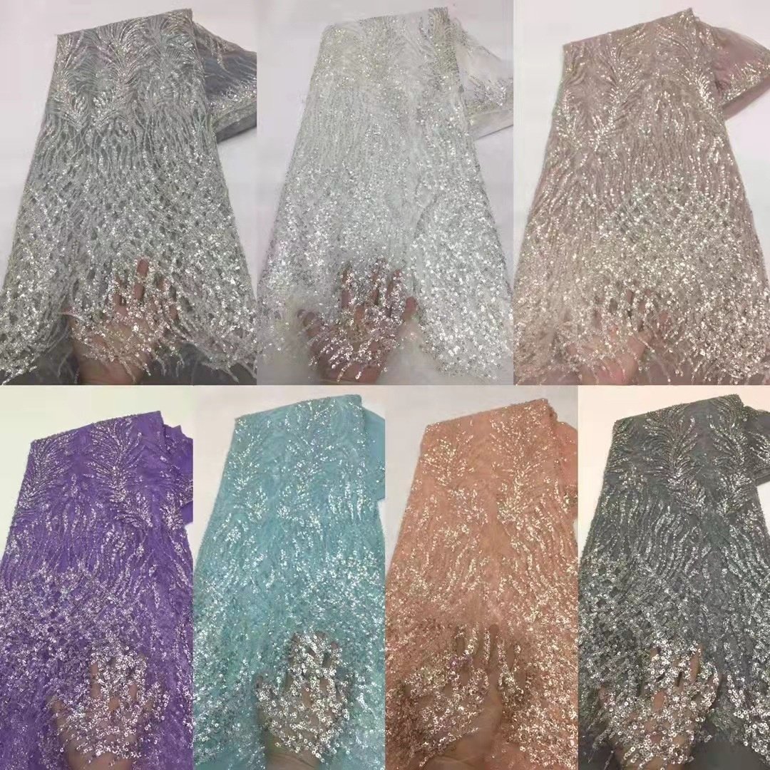 OEM Color Custom Wedding Gowns Sequin Tulle Embroidery Mesh Bridal Evening Dress Lace Fabric Soft Embroidered lace fabric