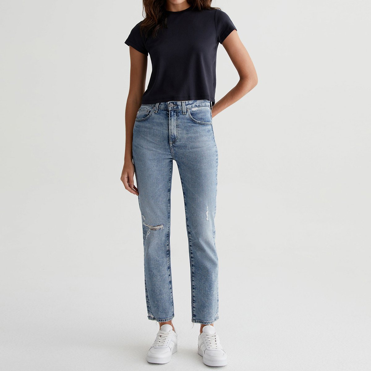 OEM/ODM Women's Cropped Crewneck Tee - 90s Vintage Style, Cotton-Blend Baby Rib Knit, Classic Black, Short Sleeve Top