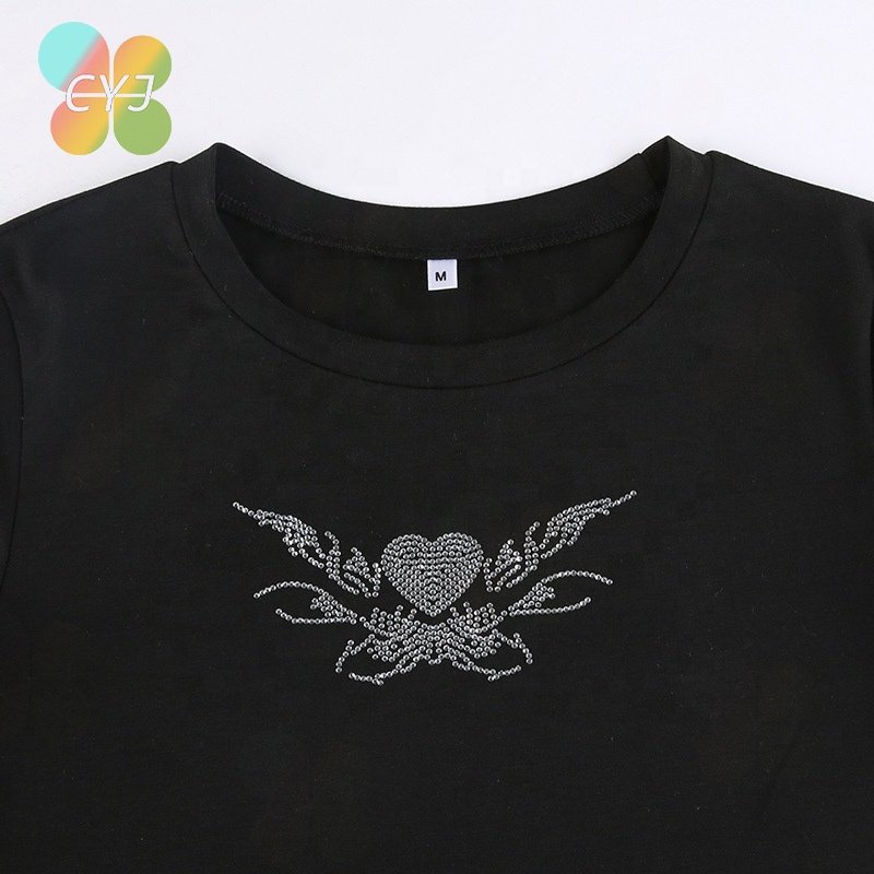 Custom Summer Rhinestone Logo y2k girl Crop baby tee t-shirt Short Sleeve Cotton Screen Printing Crop Top For Women