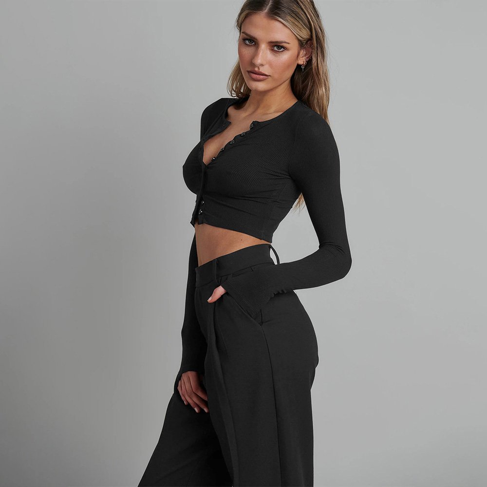 y2k woman Sexy Fall Shirt Ribbed Knitting Button Long Sleeve Croptops Sexy White Crop Tops For Women tops casual