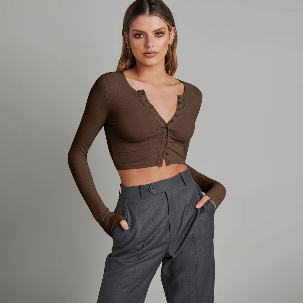 y2k woman Sexy Fall Shirt Ribbed Knitting Button Long Sleeve Croptops Sexy White Crop Tops For Women tops casual