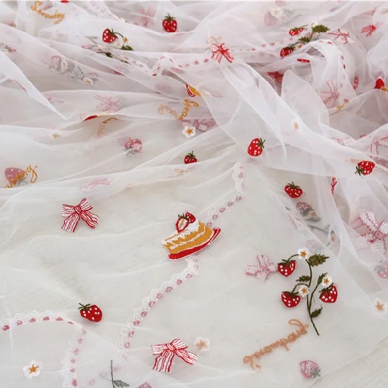 Home Decoration Korean Style Soft Flower Strawberry Embroidery Mesh Children's Clothing Handmade DIY Fabric