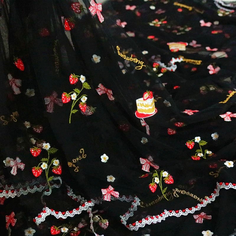 Home Decoration Korean Style Soft Flower Strawberry Embroidery Mesh Children's Clothing Handmade DIY Fabric