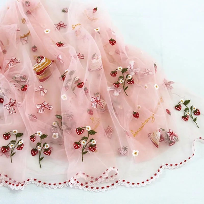 Home Decoration Korean Style Soft Flower Strawberry Embroidery Mesh Children's Clothing Handmade DIY Fabric