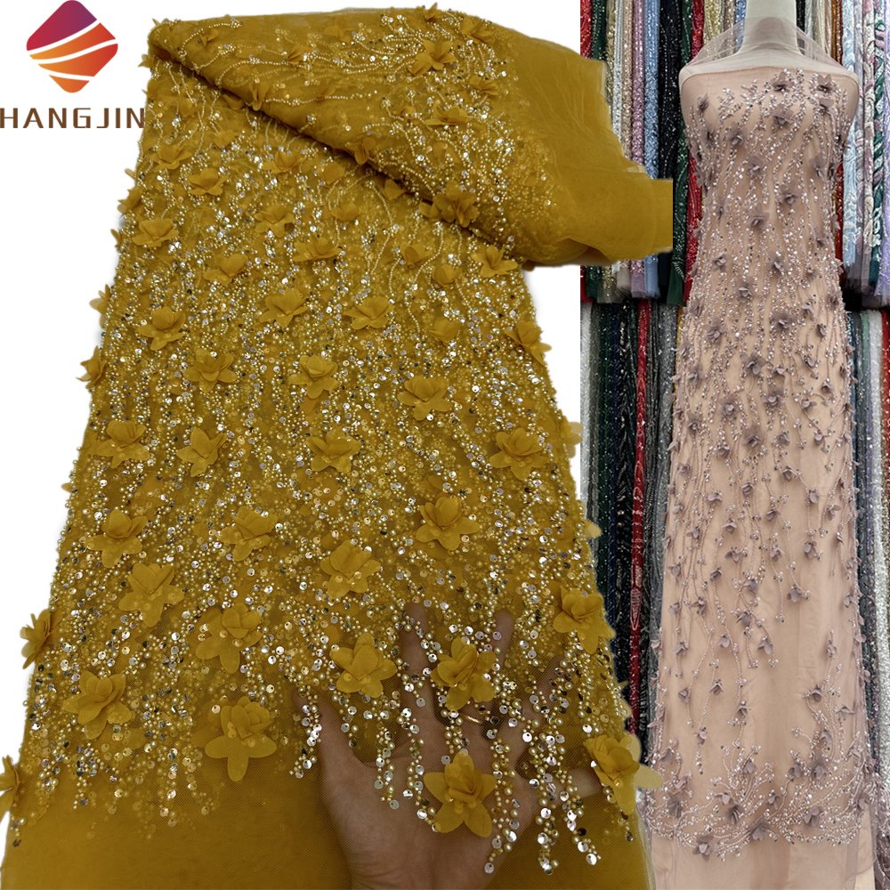 2024 Latest French Net 3D Flowers Beaded Sequin Design Lace Fabric Embroidered Bridal Wedding Dress Lace