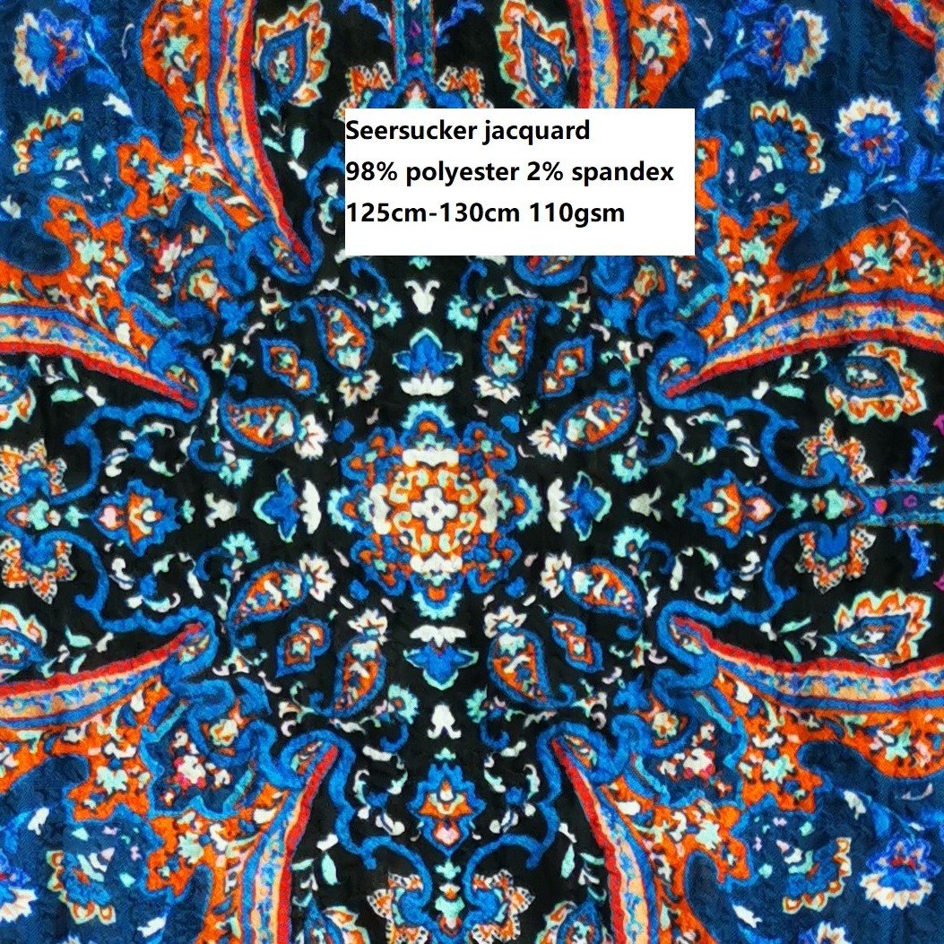 GRS breathable comfortable hand feel 125cm-130cm 110gsm 98% polyester 2% spandex seersucker jacquard polyester fabric