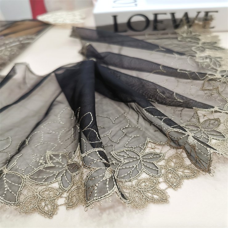 High Quality Fashion 21cm wide Embroidered Flower Black mesh Lace trim for women lingerie underwear
