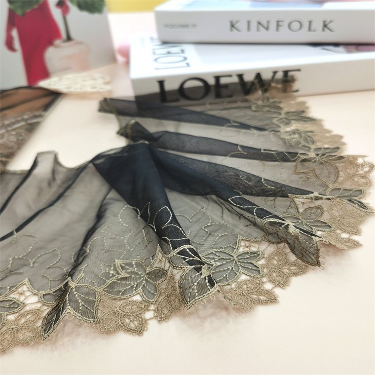 High Quality Fashion 21cm wide Embroidered Flower Black mesh Lace trim for women lingerie underwear