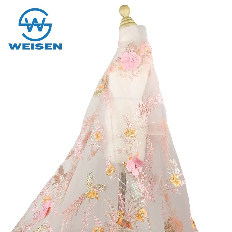 Flower peacock Lace Beaded Sequined Dress Tulle Sequin 3d Embroidery Fabric