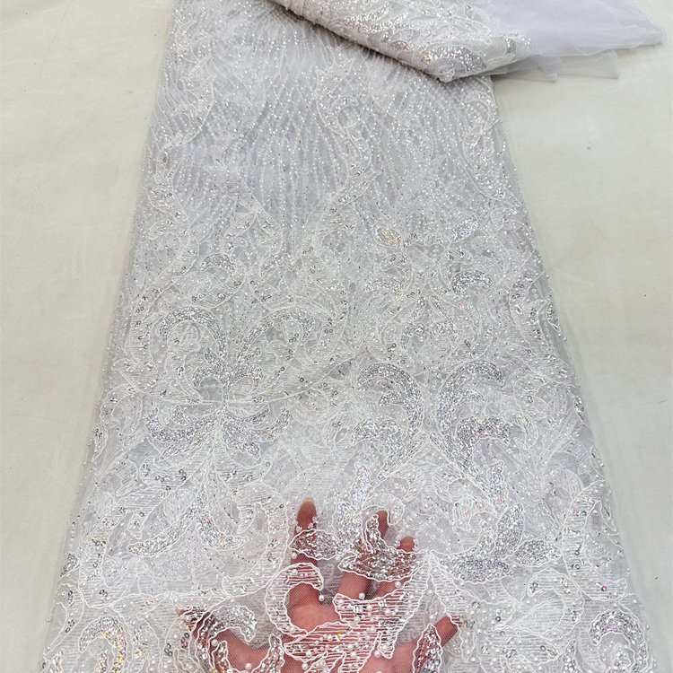 French Lace Fabric Beads Embroidered White Pearls Beads Tulle Lace Mesh Embroidery Fabric