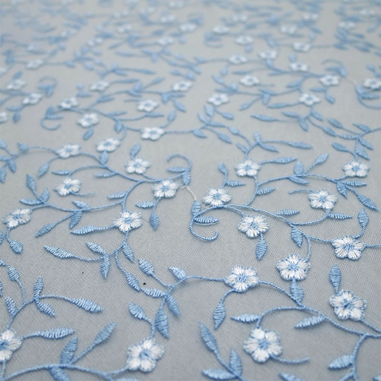 New Embroidered Fabric Blue Flower Embroidered Polyester lace fabric for Evening Dress wedding dress DIY clothes MF89