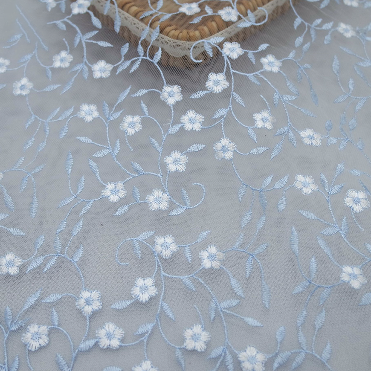New Embroidered Fabric Blue Flower Embroidered Polyester lace fabric for Evening Dress wedding dress DIY clothes MF89
