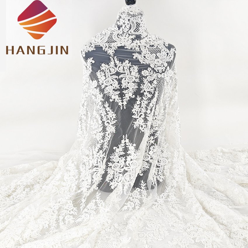 New Style Luxurious Fully Beaded Wedding Dress Fabric Handmade Sequins Lace Fabrics for Party Bridal Dress