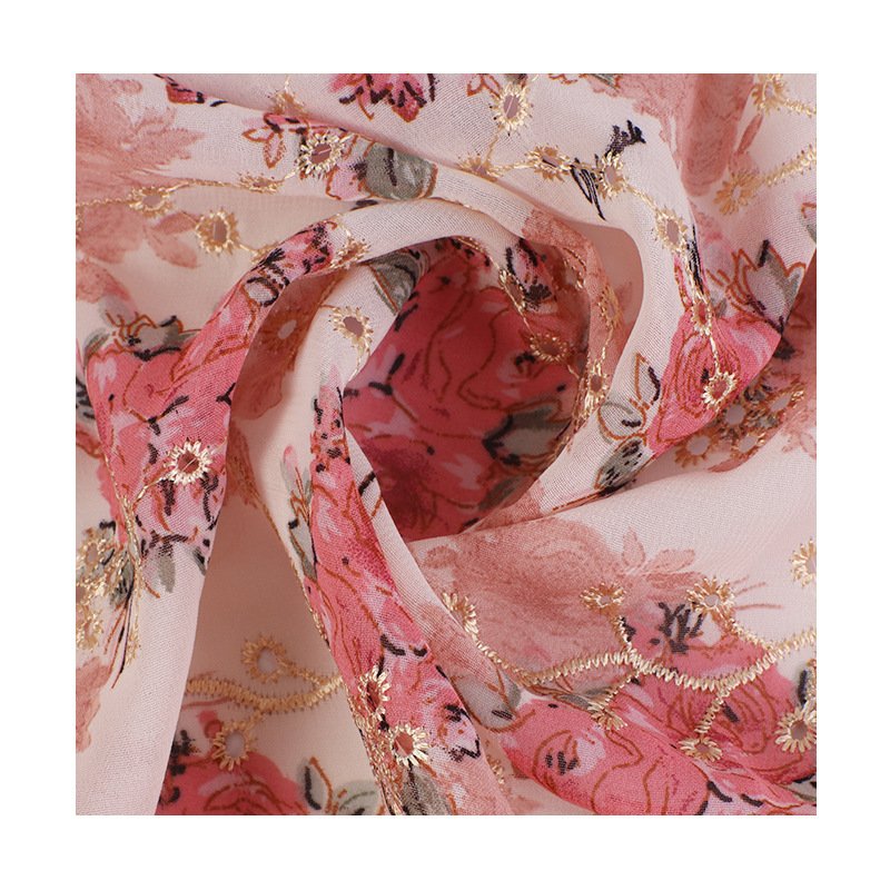 New chiffon printed rose fabric Lace embroidery fabric Embroidered fabric