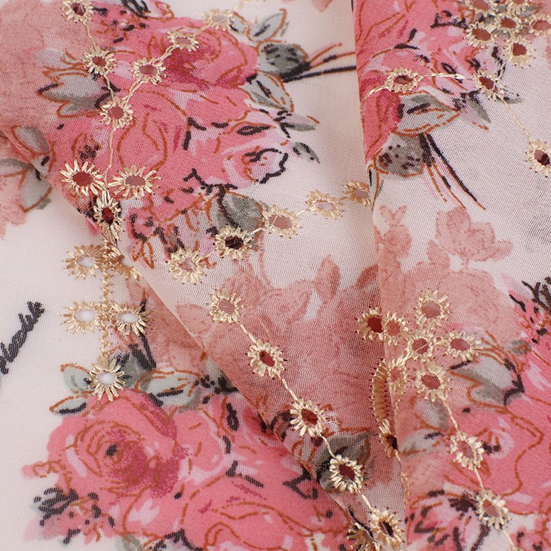 New chiffon printed rose fabric Lace embroidery fabric Embroidered fabric
