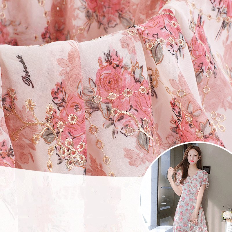 New chiffon printed rose fabric Lace embroidery fabric Embroidered fabric