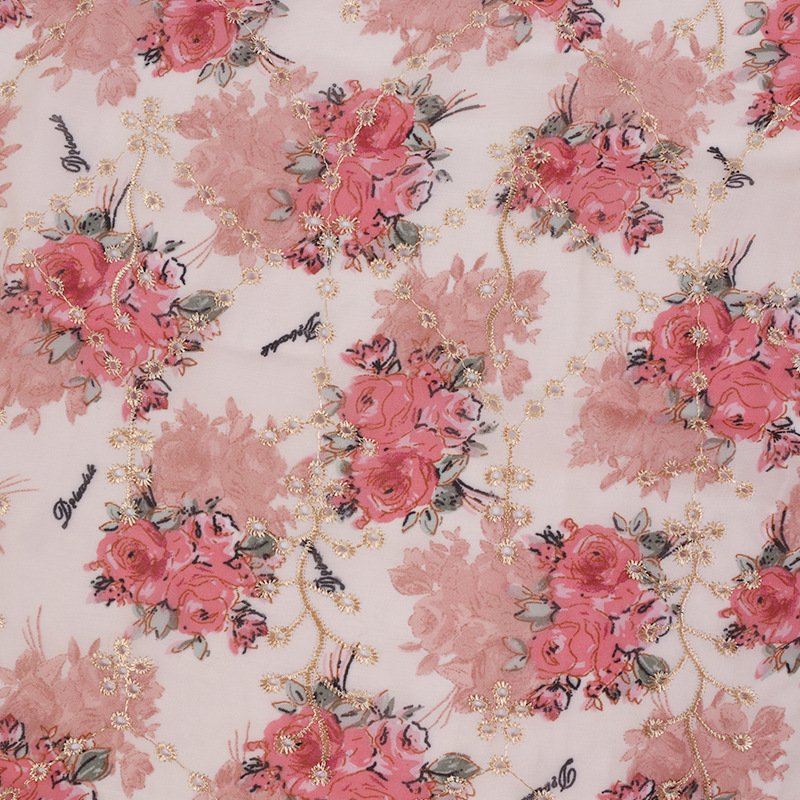 New chiffon printed rose fabric Lace embroidery fabric Embroidered fabric