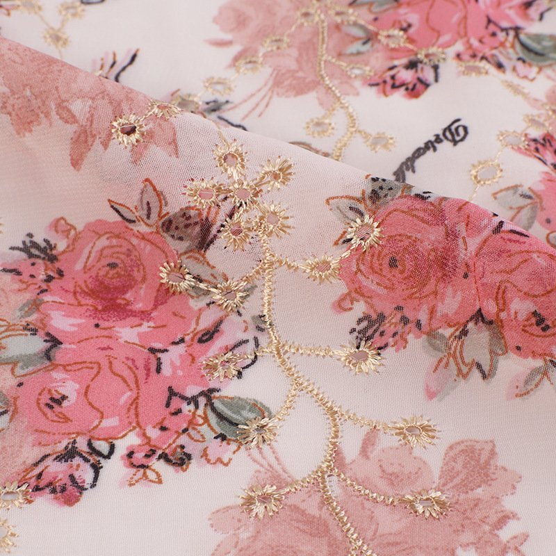 New chiffon printed rose fabric Lace embroidery fabric Embroidered fabric