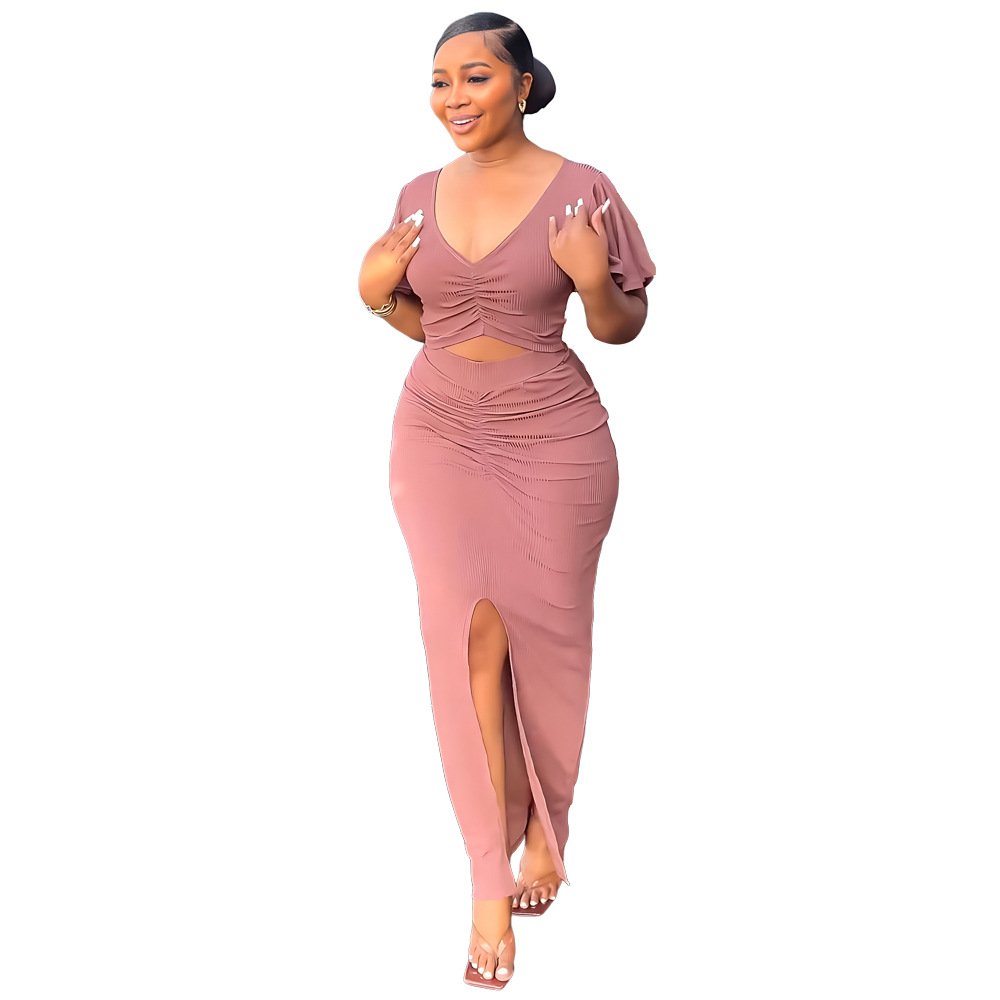 Ruffle Sleeves V-neck Crop Top High Waist Slit Long Skirt Ribbed Knitted Two-Piece Set Summer Women Ladies Elegant Clothing
