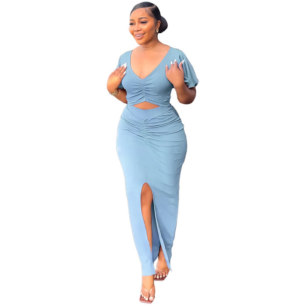 Ruffle Sleeves V-neck Crop Top High Waist Slit Long Skirt Ribbed Knitted Two-Piece Set Summer Women Ladies Elegant Clothing