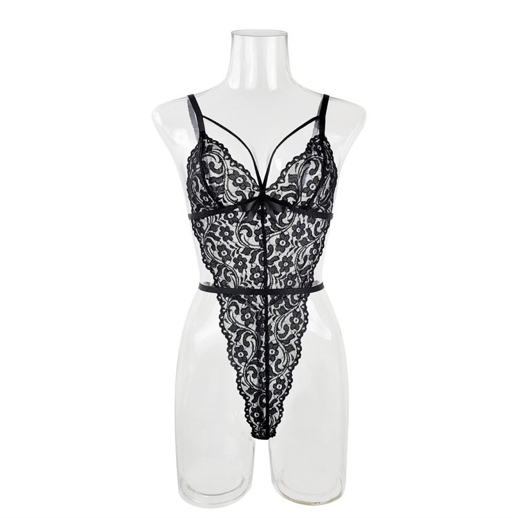 2024 New large-sized fun lingerie sexy jumpsuit seductive lace hollow strap set