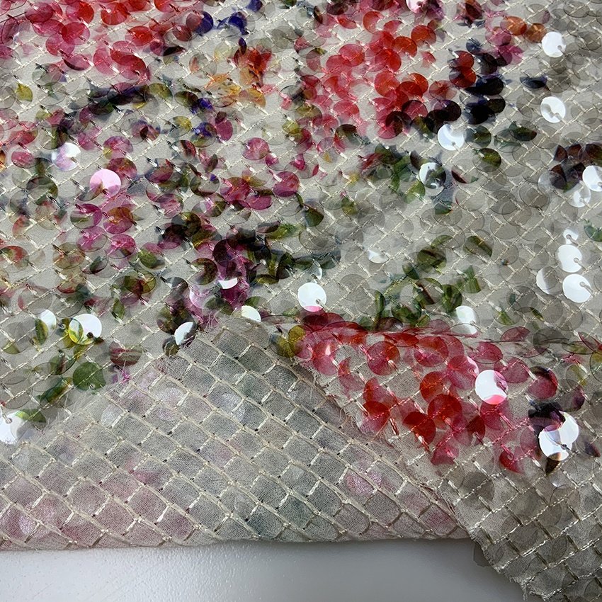 Shaoxing textile factory price 3D floral chiffon embroidered large print sequin fabric embroidery for lady fashion dress S-10906