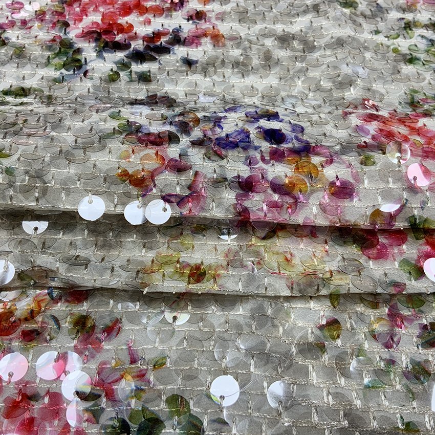 Shaoxing textile factory price 3D floral chiffon embroidered large print sequin fabric embroidery for lady fashion dress S-10906