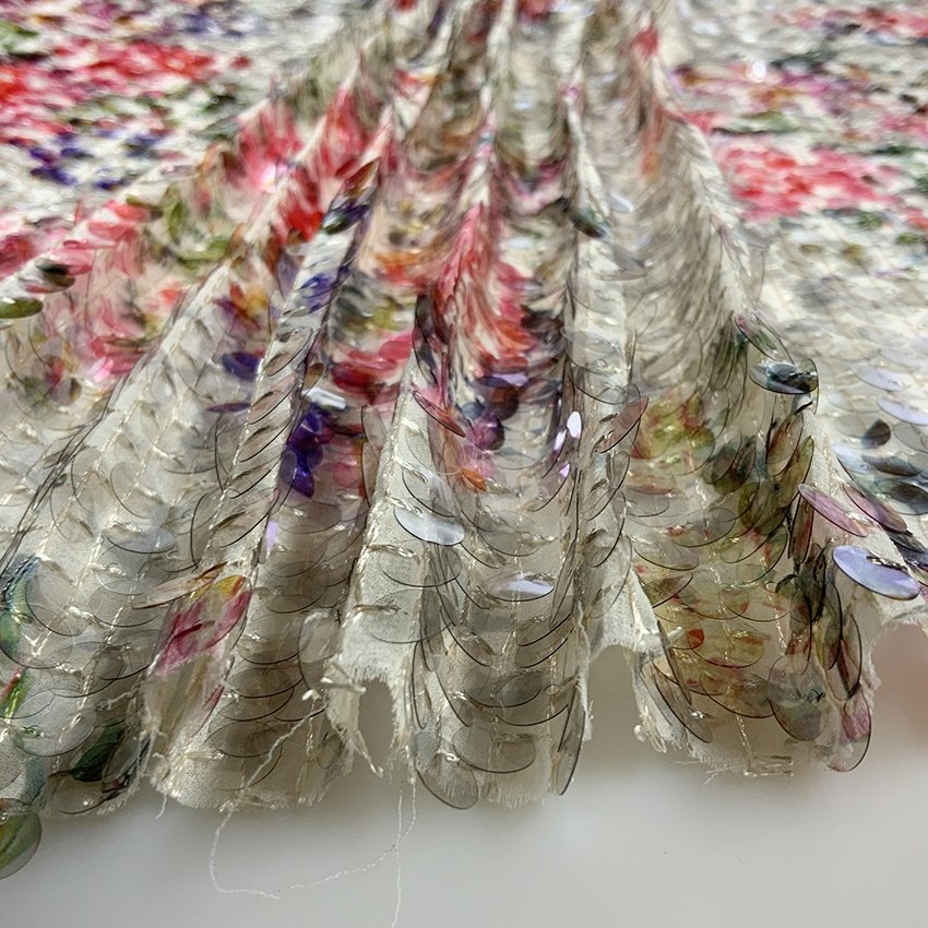 Shaoxing textile factory price 3D floral chiffon embroidered large print sequin fabric embroidery for lady fashion dress S-10906