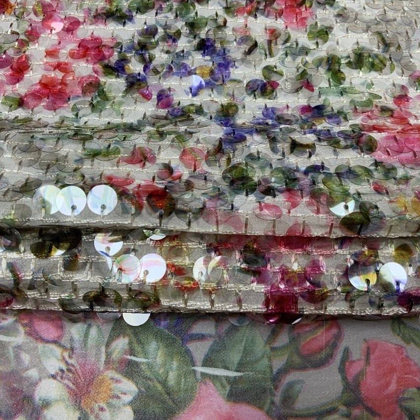 Shaoxing textile factory price 3D floral chiffon embroidered large print sequin fabric embroidery for lady fashion dress S-10906