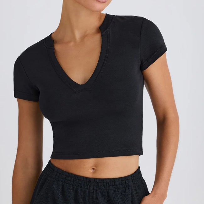 Deep V Neck Fitness Activewear Women Gym Athletic Clothes Custom Logo Workout Sports Crop Top Yoga T Shirt