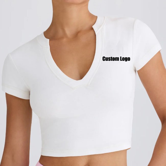 Deep V Neck Fitness Activewear Women Gym Athletic Clothes Custom Logo Workout Sports Crop Top Yoga T Shirt