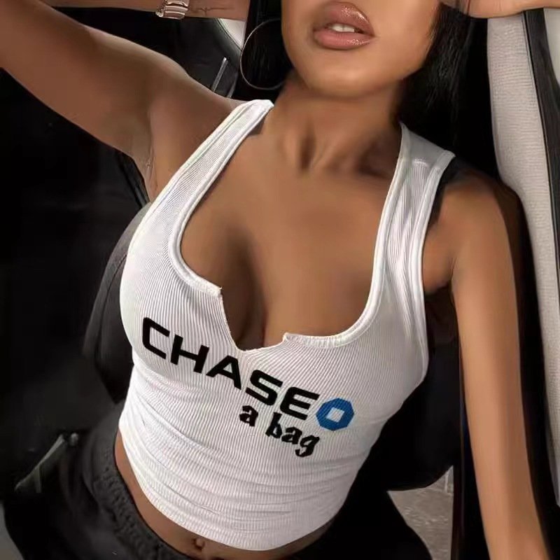 Cropped Tops Breathable Camisole T-shirts Seamless Ribbed Knit Vest Print Short Length Logo Decoration for Summer Women Woven