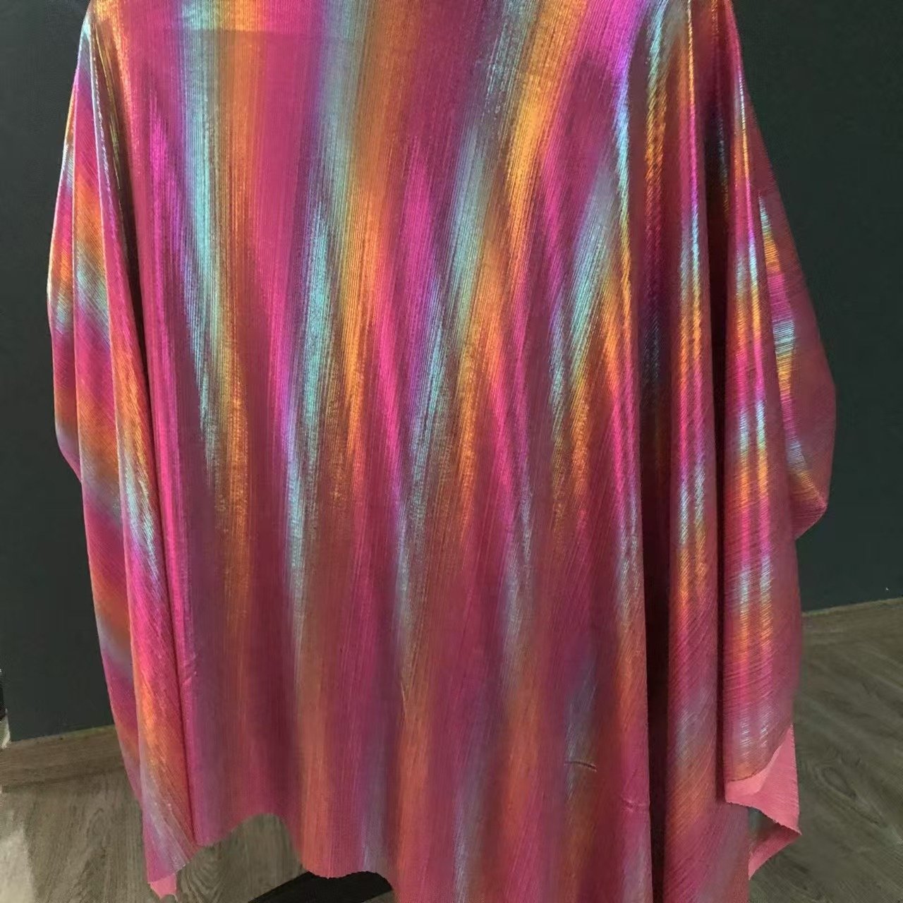 2024 New Fashion Metallic Rainbow Shimmer Knitted 95%P 5%SP Rib Style Four Way Stretch Foil Fabric for Dress