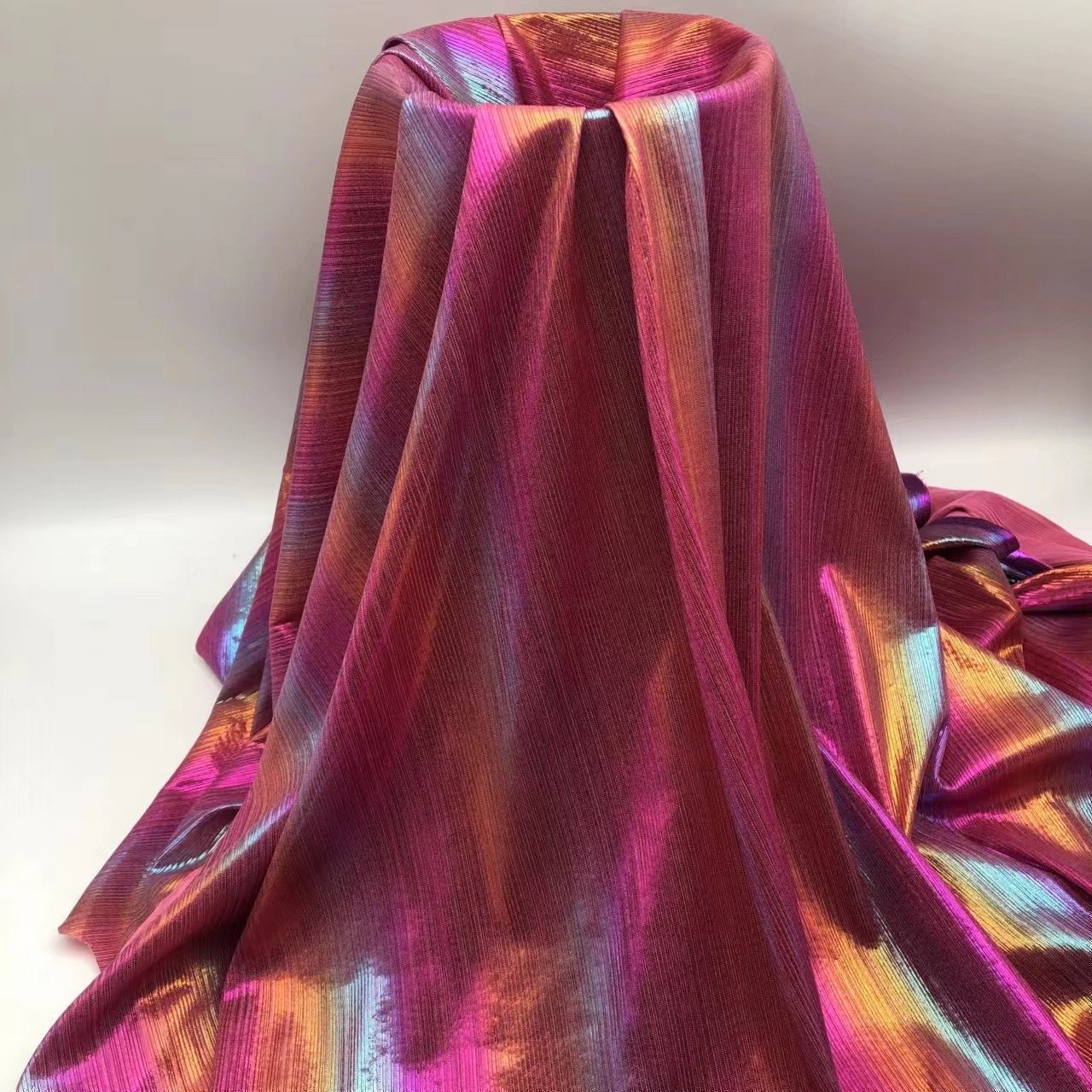 2024 New Fashion Metallic Rainbow Shimmer Knitted 95%P 5%SP Rib Style Four Way Stretch Foil Fabric for Dress