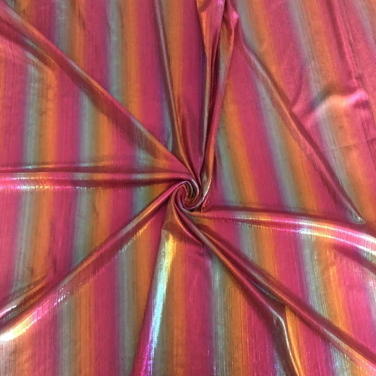 2024 New Fashion Metallic Rainbow Shimmer Knitted 95%P 5%SP Rib Style Four Way Stretch Foil Fabric for Dress
