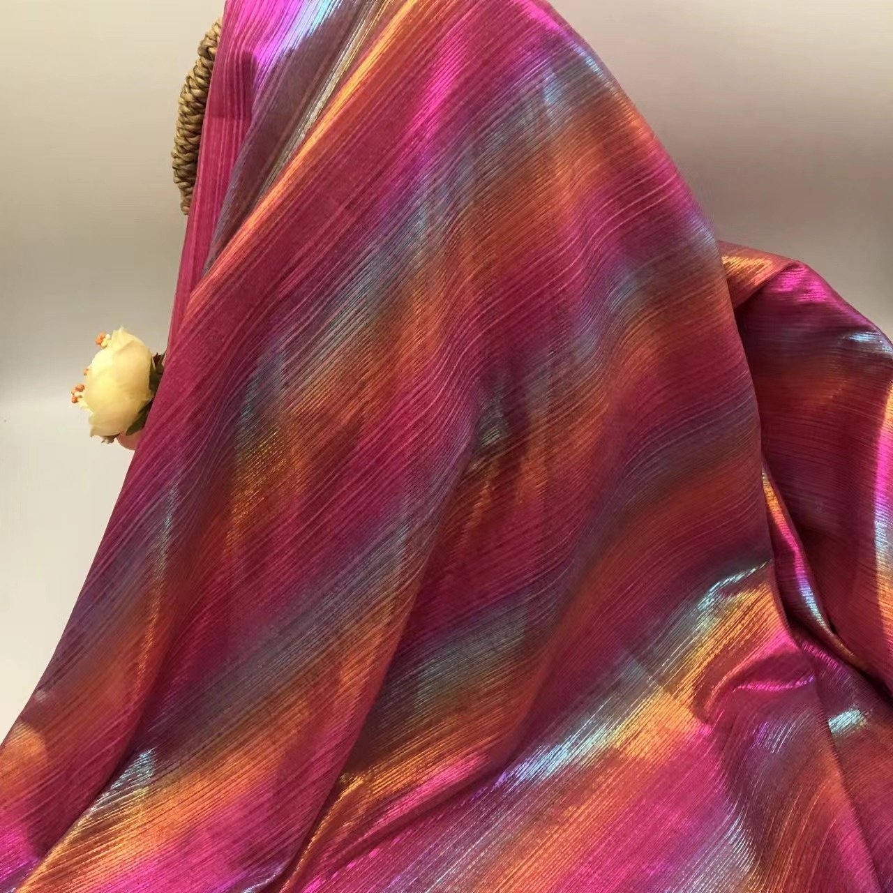 2024 New Fashion Metallic Rainbow Shimmer Knitted 95%P 5%SP Rib Style Four Way Stretch Foil Fabric for Dress