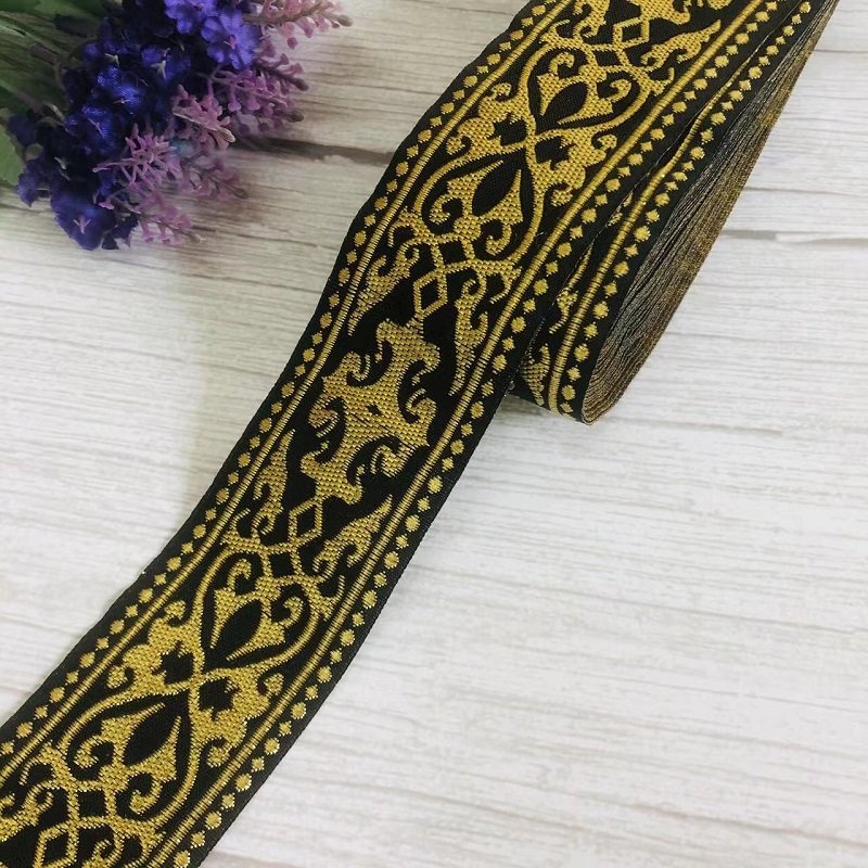 Ethnic Style Lace Jacquard Webbing Woven Tape Gold Black For Garment Accessories Width 5cm ST-915