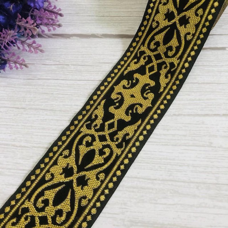 Ethnic Style Lace Jacquard Webbing Woven Tape Gold Black For Garment Accessories Width 5cm ST-915