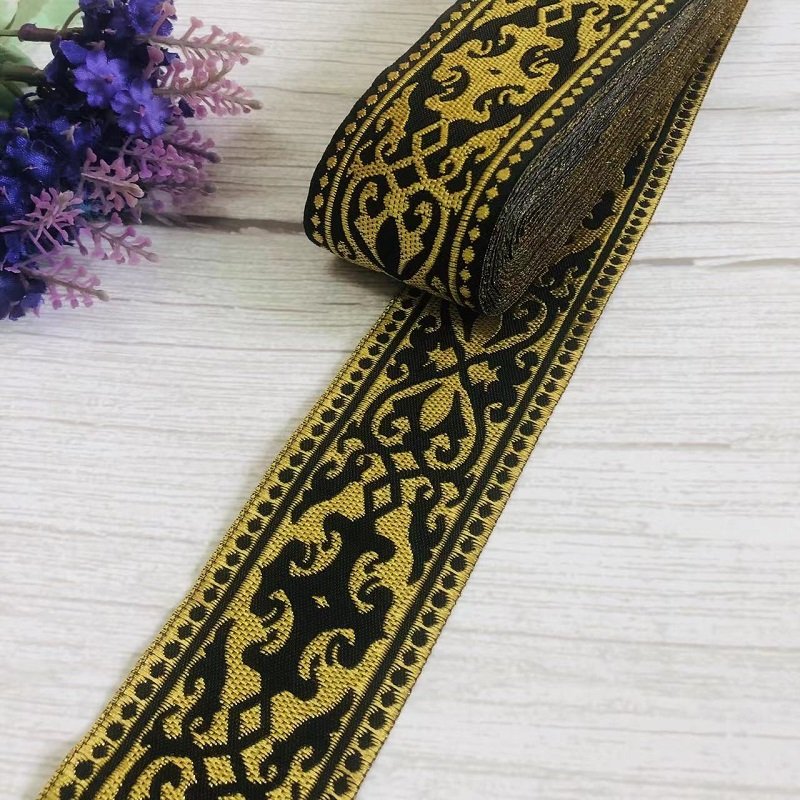 Ethnic Style Lace Jacquard Webbing Woven Tape Gold Black For Garment Accessories Width 5cm ST-915