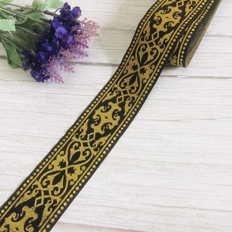 Ethnic Style Lace Jacquard Webbing Woven Tape Gold Black For Garment Accessories Width 5cm ST-915