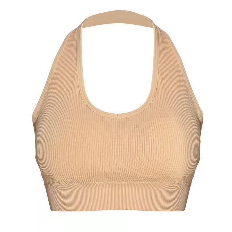Wholesale Cheap Women Bra Rib Knit Hang Neck Sexy Hollow Beauty Back Quick Drying Breathable Casual Yoga Bra