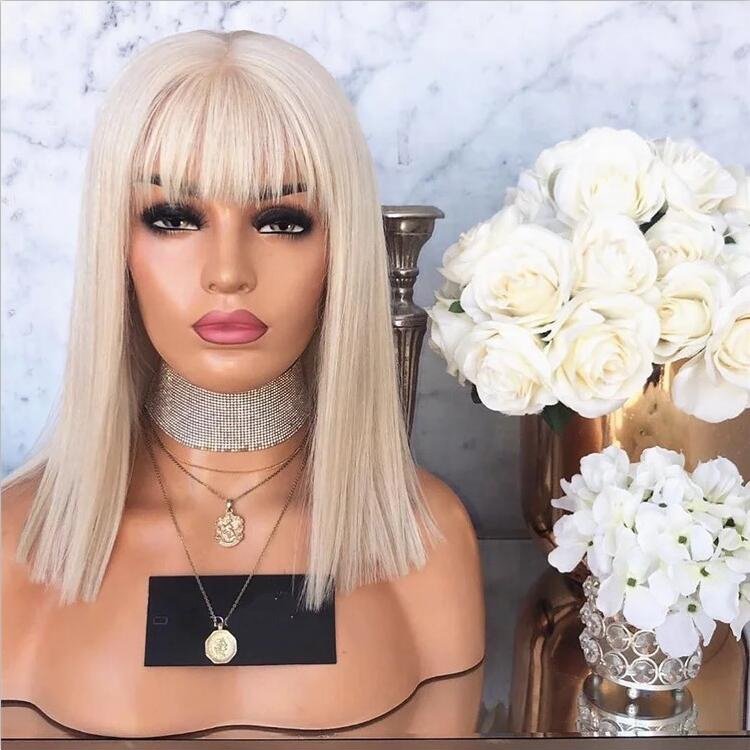 Blonde Lace Front Wigs with Bangs Short Bob Human Hair Wig Pre Plucked Peruvian 13x6 Lace Front Wig for White Women