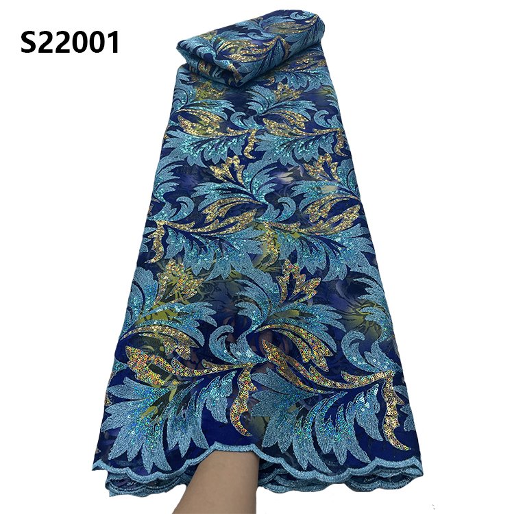 CHOCOO Wholesale Price African Vintage Lace Fabric Light Blue Embroidered Sequin Lace Fabric For Women Dresses