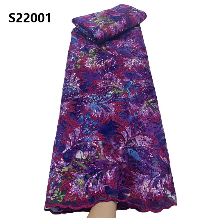 CHOCOO Wholesale Price African Vintage Lace Fabric Light Blue Embroidered Sequin Lace Fabric For Women Dresses